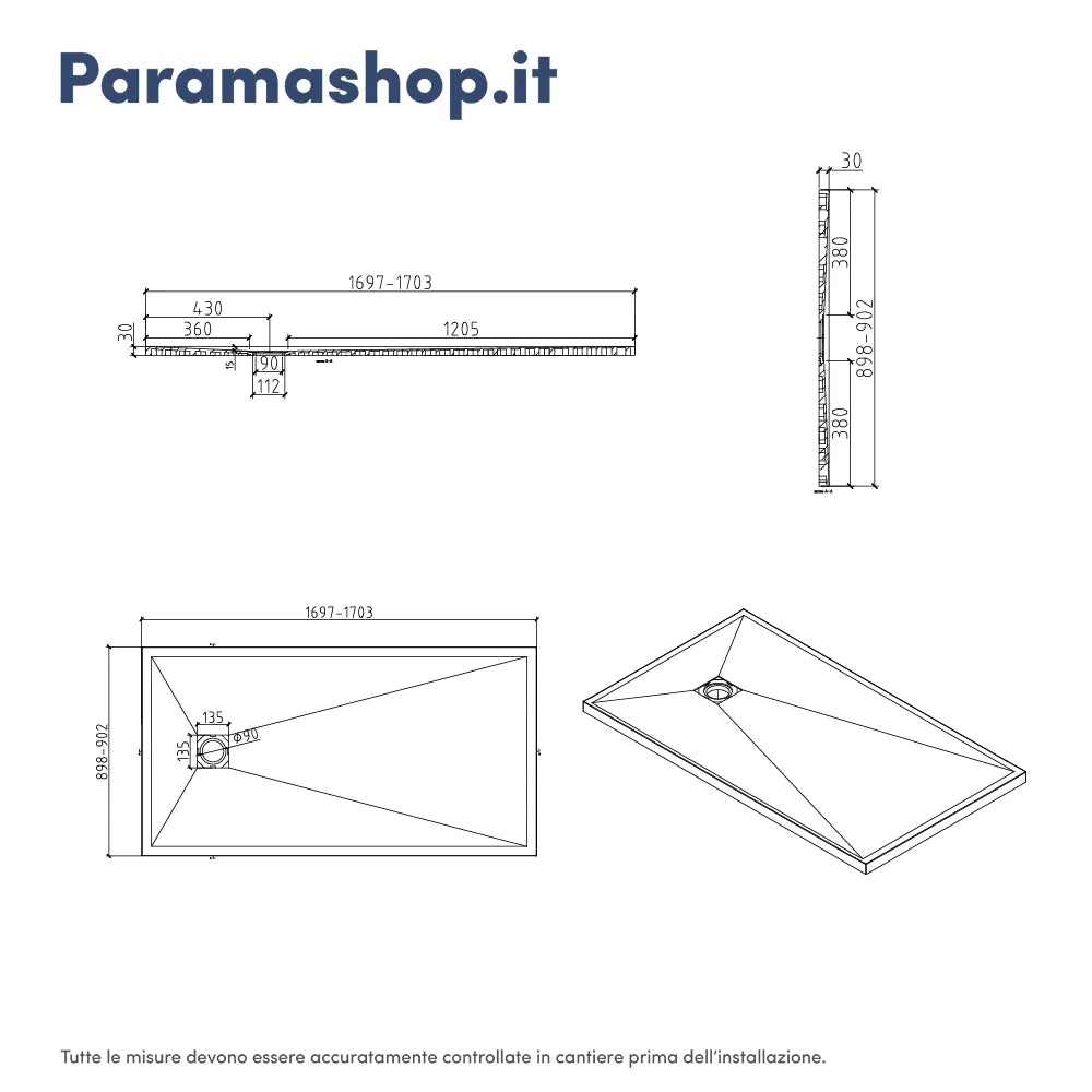 Piatto doccia rettangolare 90x170 cm in marmoresina bianco effetto pietra h3 cm | Milos
