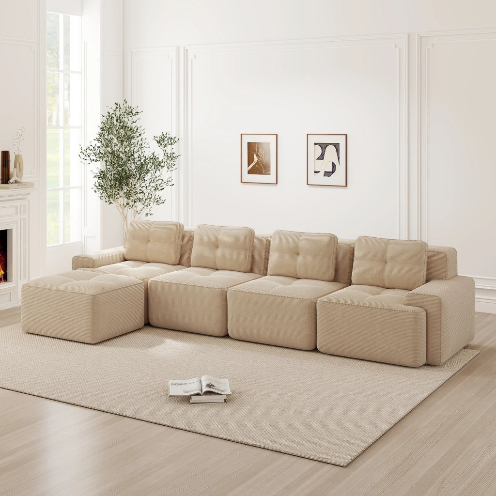 Sof¨¤ modulare senza ossa - Zephmum - 4 posti, design antiscivolo, velluto a coste beige