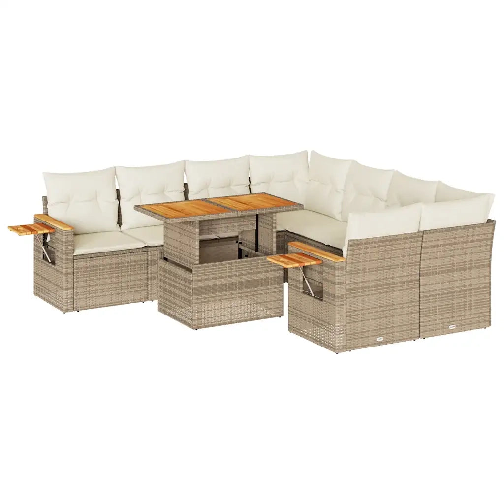 Set Divano da Giardino 9 pz con Cuscini Beige Polyrattan Acacia 3327579