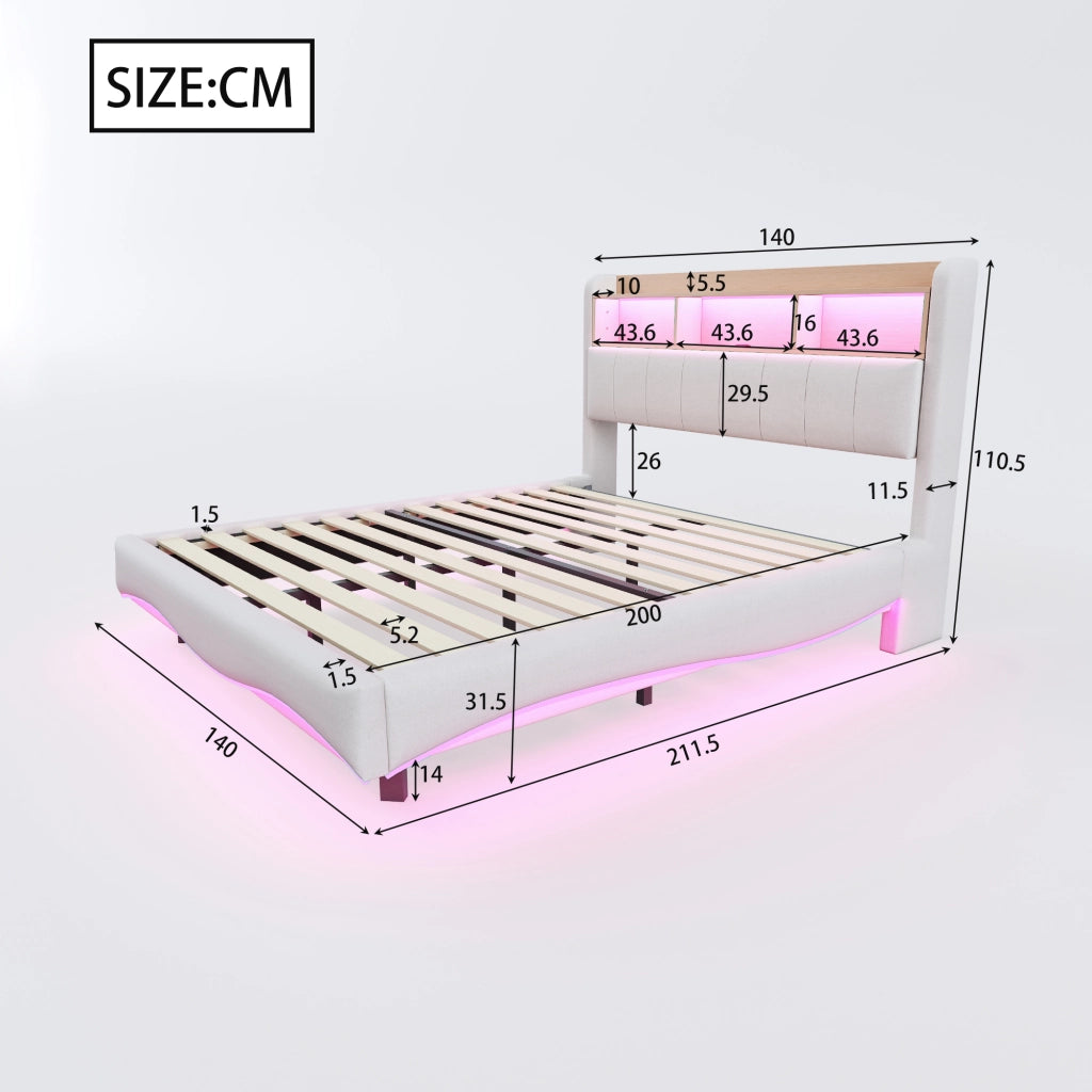 LETTO sospeso 140x200 cm beige in tessuto con LED, USB e Type-C