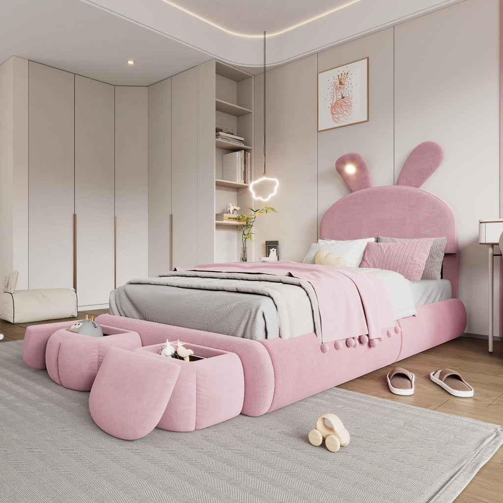 LETTO Singolo 90x200 cm in Velluto Rosa con LED e 2 pouf contenitore