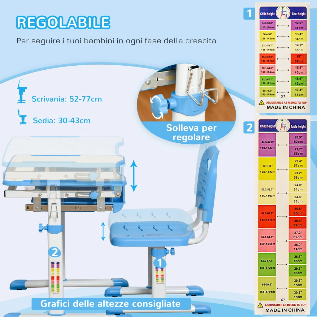 Scrivania per Bambini con Sedia Regolabile, Cassetto e Piano Inclinabile ¨C Minimal ¨C Blu 66x47x52-77 cm