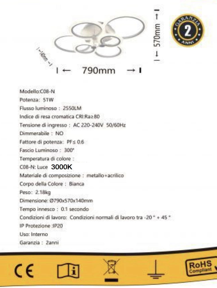 Lampadario Moderno Plafoniera led moderno 6 anelli 51 watt Luce Calda