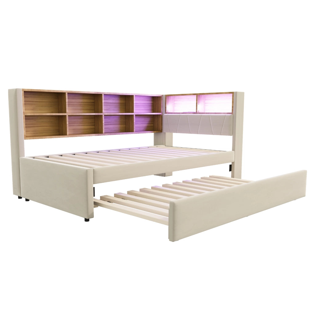 Divano letto 90x200 - Zephmum - LED, prese, ripiani, flanella beige