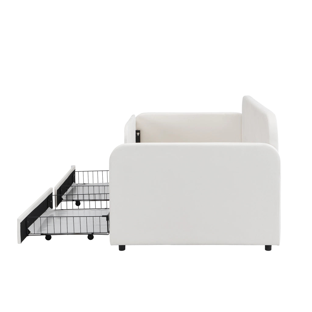 LETTO Singolo 90x200 cm Velluto Bianco con 2 cassetti e tasche laterali