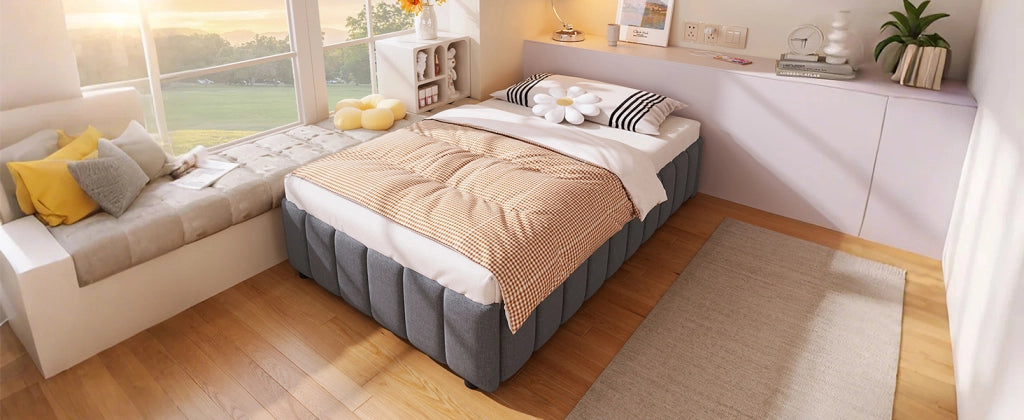 DESMIU Letto Singolo 90 × 200 cm con contenitore idraulico, senza materasso, in lino, grigio
