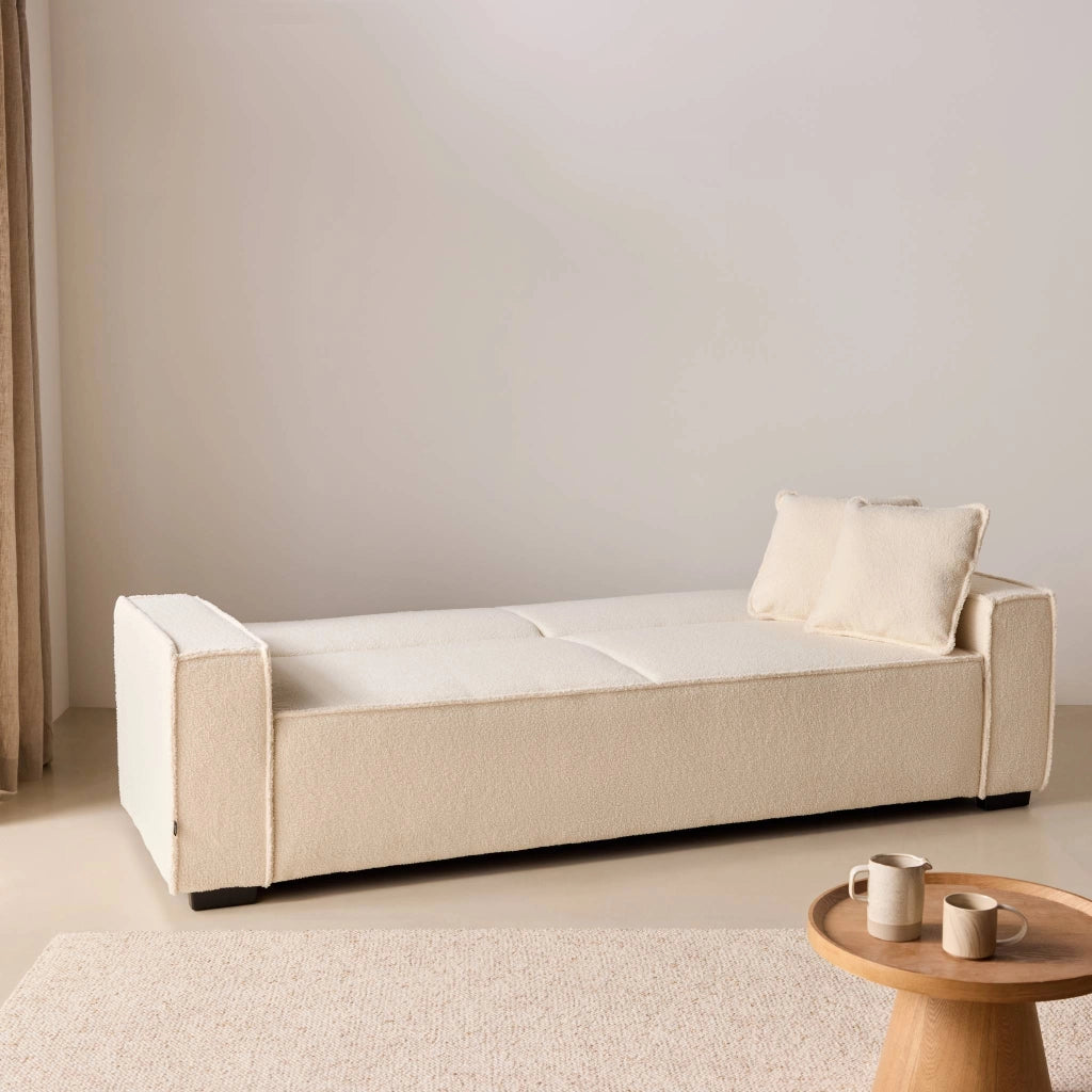 Divano letto in tessuto bouclé, 3 posti, crema