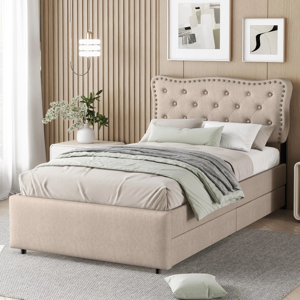 Letto Imbottito con Cassetti ¨C MINIMAL ¨C Beige 90x200