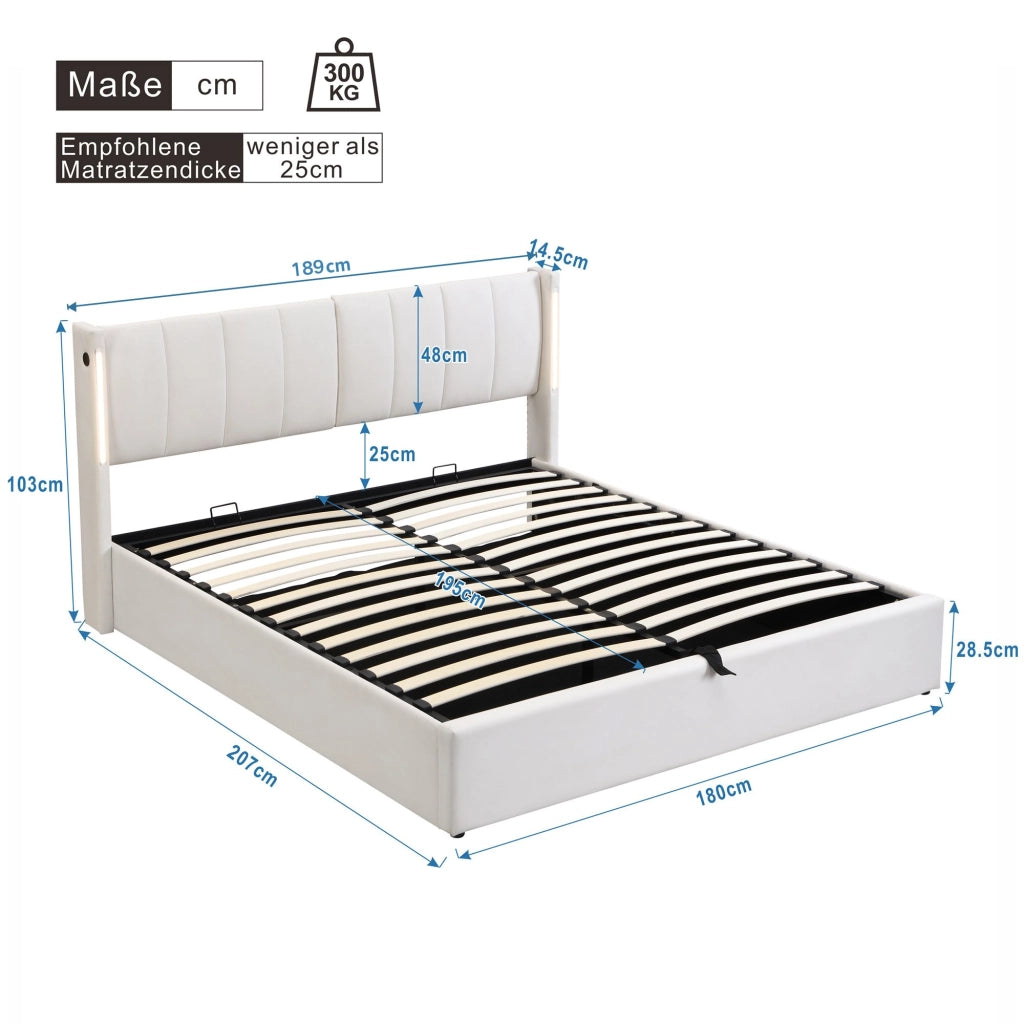 LETTO con contenitore 180x200 cm PU bianco con USB e LED