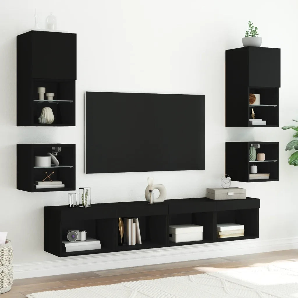 Comodini con Luci LED a Parete 2pz-Set di 2 Tavolino da notte Neri