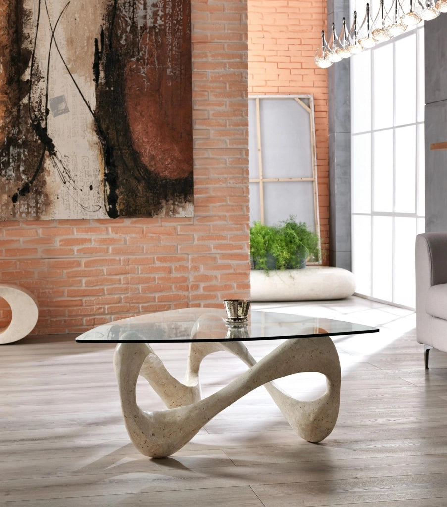 Tavolino Tetris con base in pietra fossile White Agata e piano in vetro temperato - Design moderno con struttura in compensato