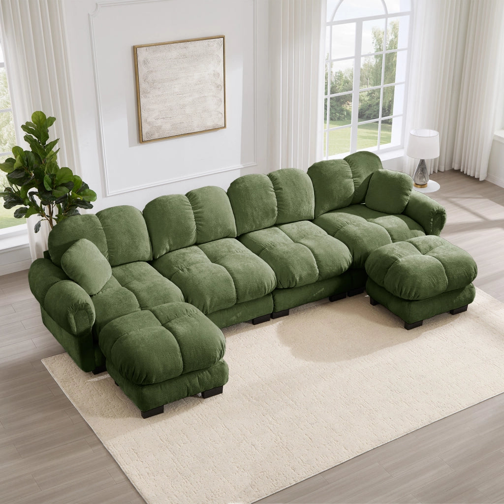 Divano ad angolo convertibile 4 posti con pouf mobile, in ciniglia, Verde