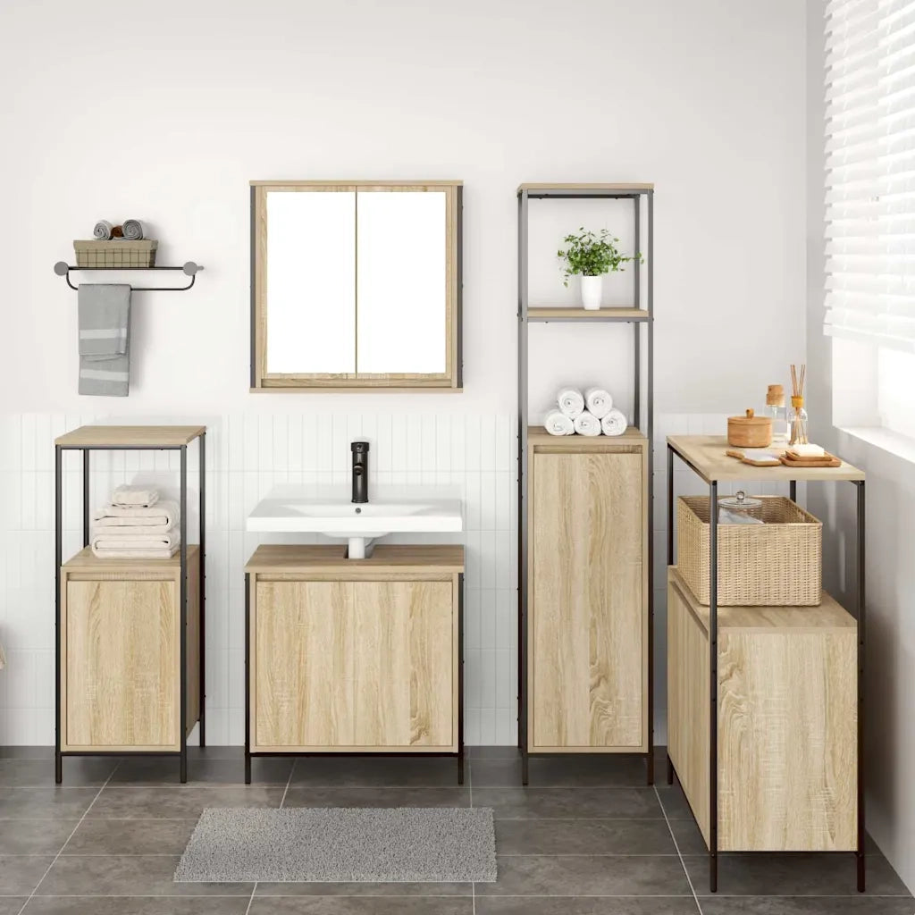 Set di mobili per il bagno con porta 5 pcs Rovere Sonoma e Nero 3328385