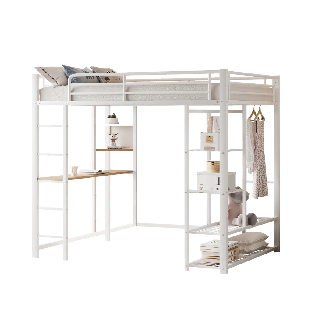 Letto a Soppalco con Scrivania e Ripiani ¨C MINIMAL ¨C Singolo 90x200, Bianco