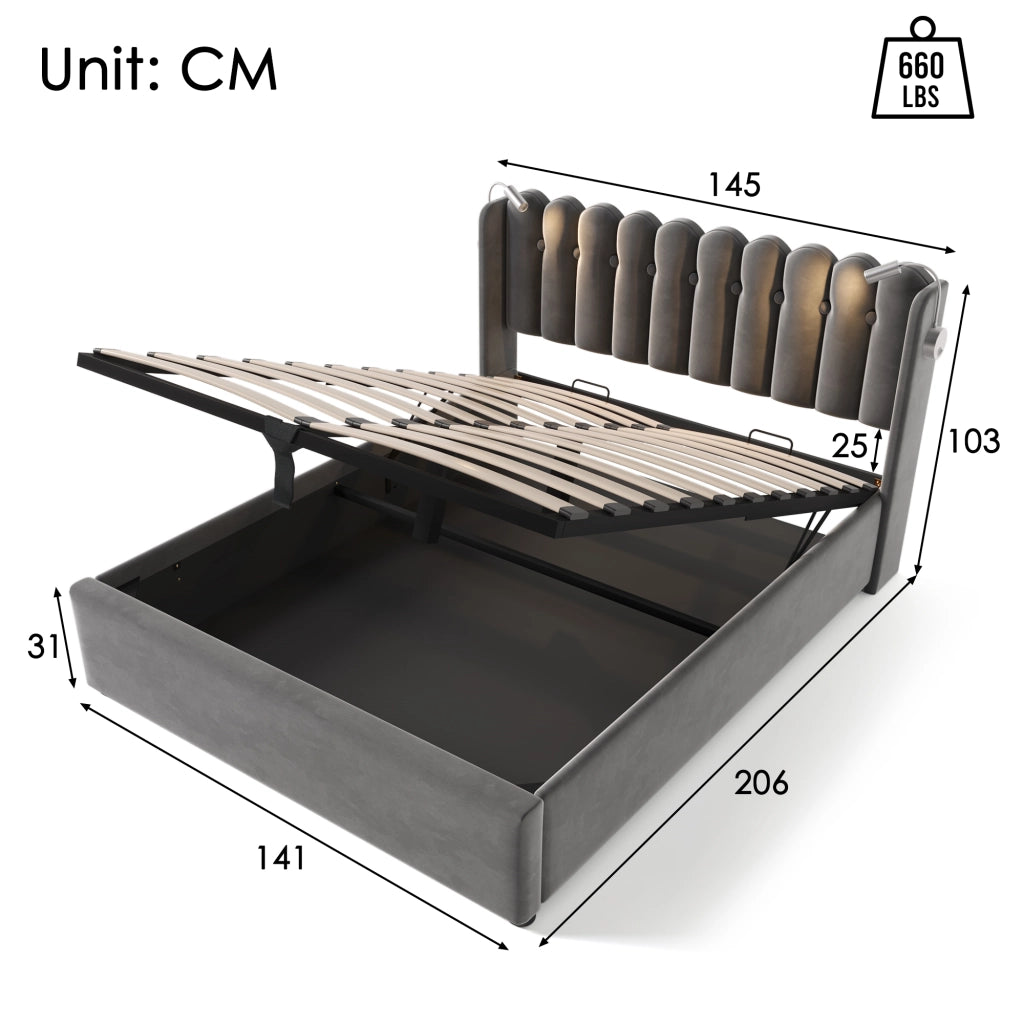 LETTO Contenitore 140x200 cm in velluto grigio con luce da lettura e USB