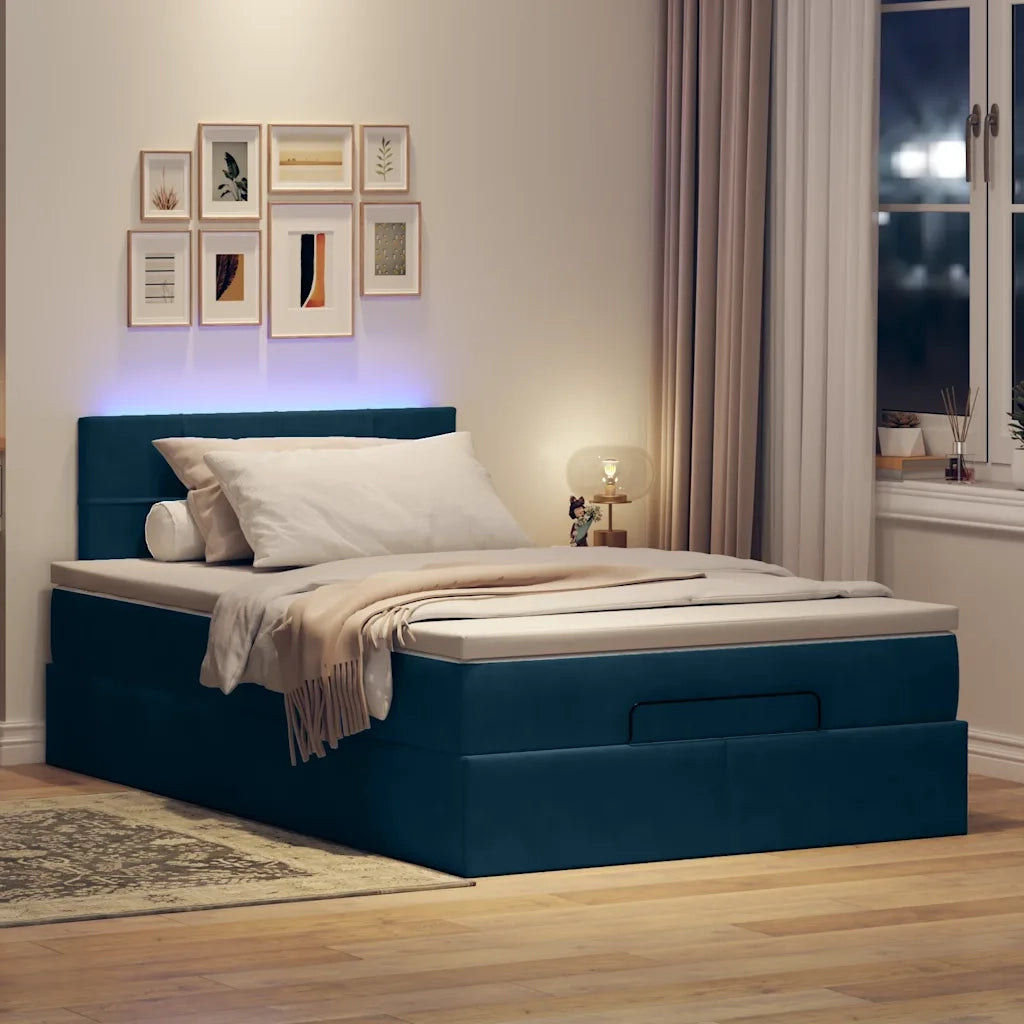 Pouf Letto con Materasso e LED Blu Scuro 120x190cm in Velluto