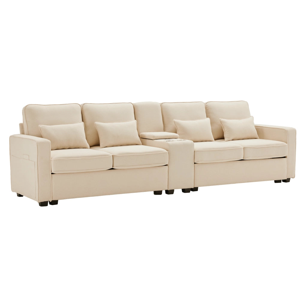 Sofa moderno 4 posti - Zephmum- Tessuto lino con console, porta bevande, USB, tasche braccioli