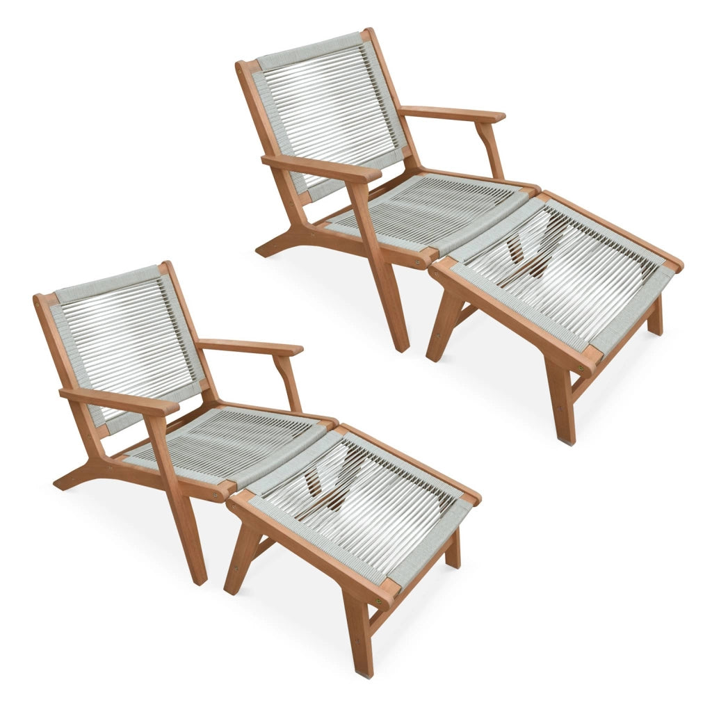 Set 2 lettini prendisole in legno e corda con poggiapiedi, talpa