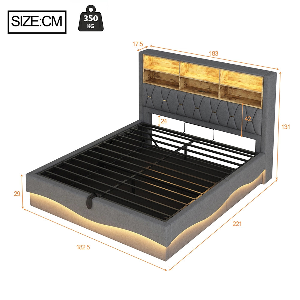 Letto-Xylo-180x200 cm-LED app, USB, metallo, lino grigio