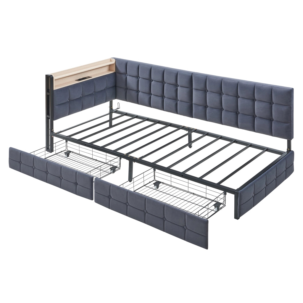 Divano letto imbottito 90x200 cm grigio con 2 cassetti, LED integrato e porte USB/Type-C