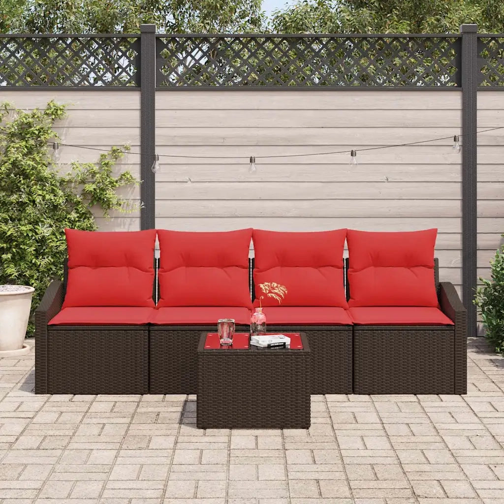 Set di divani 5 pz 3-Numero di posti Marrone e Rosso polyrattan 3346594