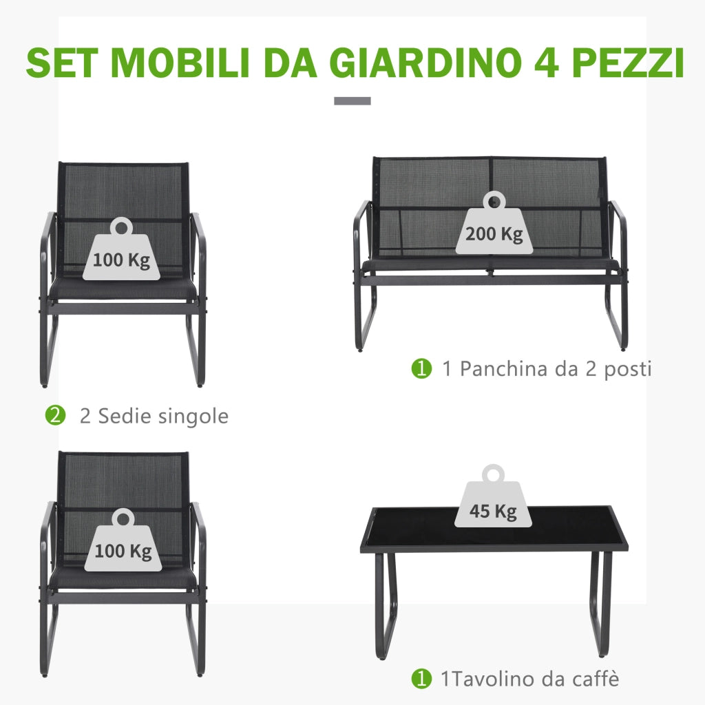 Set Salotto da Giardino 4 Pezzi ¨C Minimal ¨C Nero, Metallo, Texteline