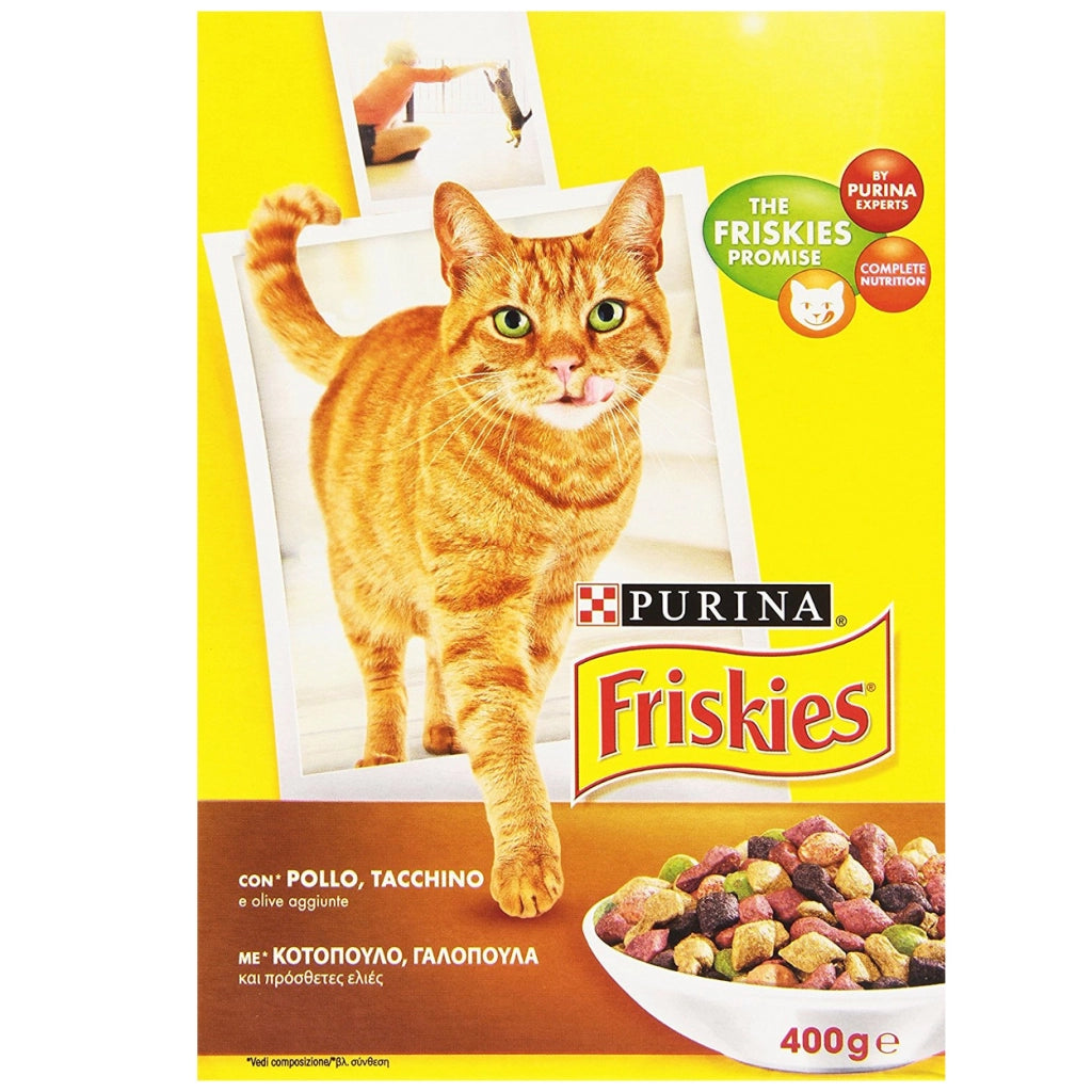 Friskies alimento completo per gatti adulti con pollo tacchino e olive aggiunte confezione in scatola da 400 grammi