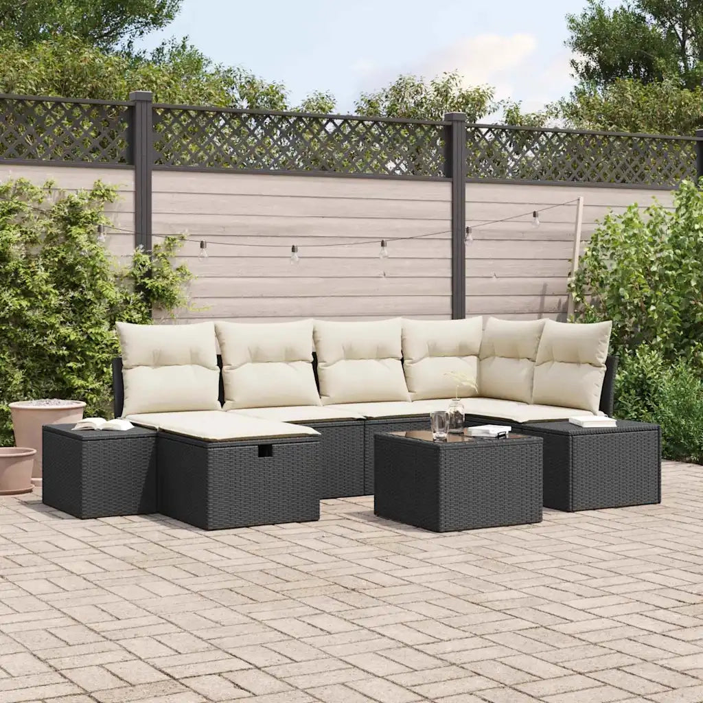 Set Divano da Giardino con cuscino 7 pcs Nero polyrattan