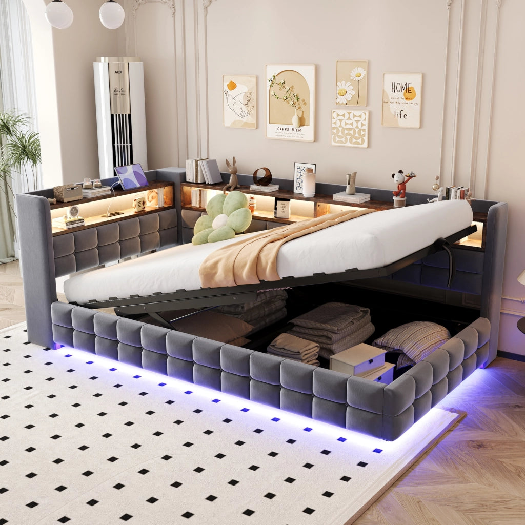 DIVANO LETTO 90x200 cm in velluto grigio con LED, prese USB e vano contenitore
