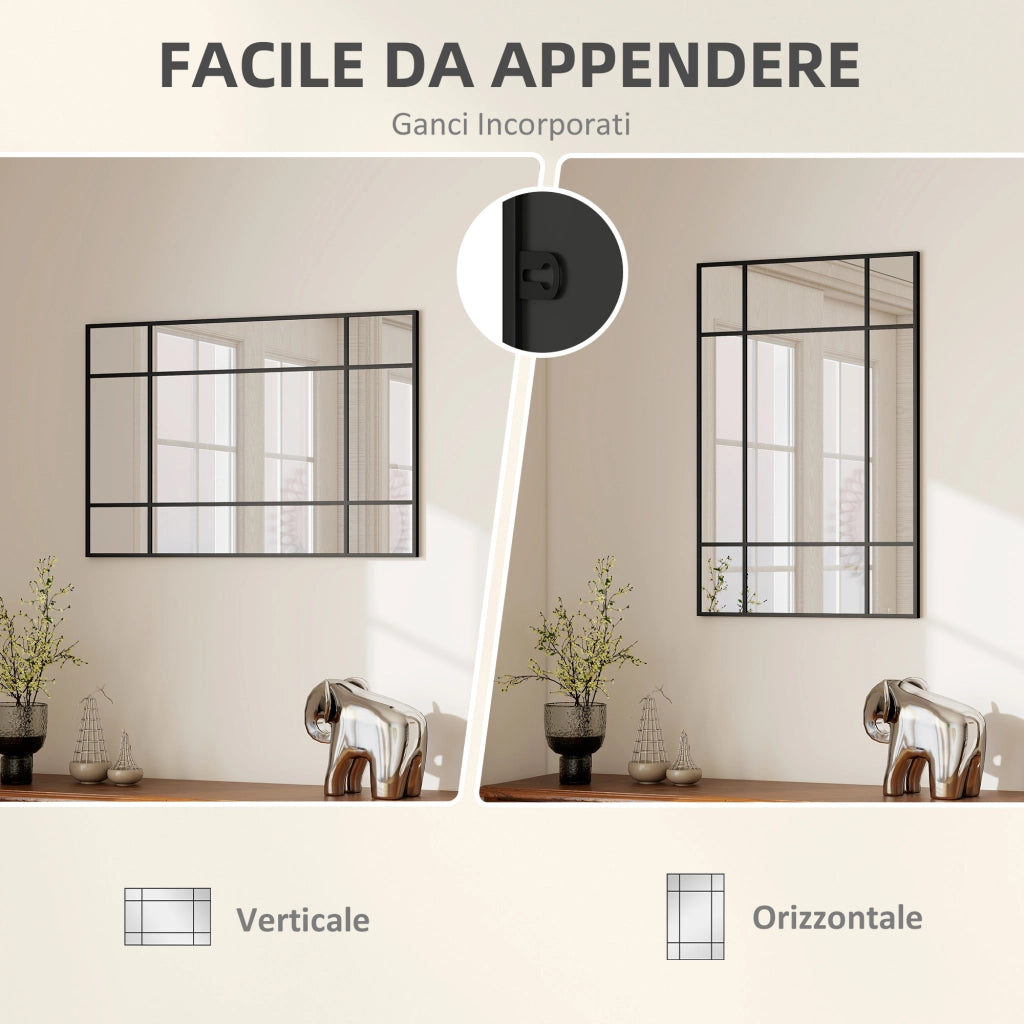 Specchio da Parete Stile Finestra ¨C Xylo ¨C 90x60 cm Nero Montaggio Verticale Orizzontale