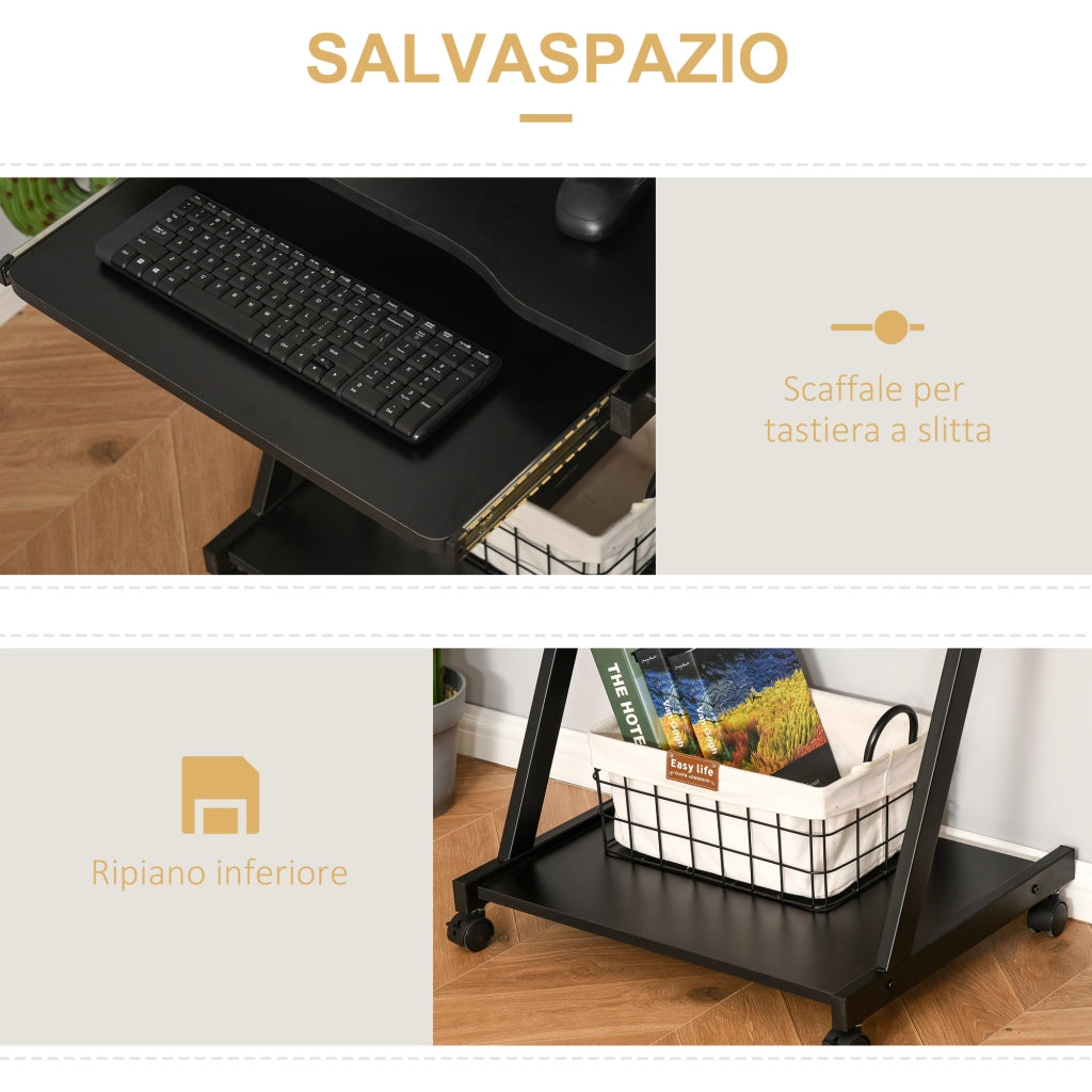 Scrivania Salvaspazio con Piano Tastiera a Scomparsa, 4 Ruote e Ripiano Inferiore, 60x48x73 cm, Nero