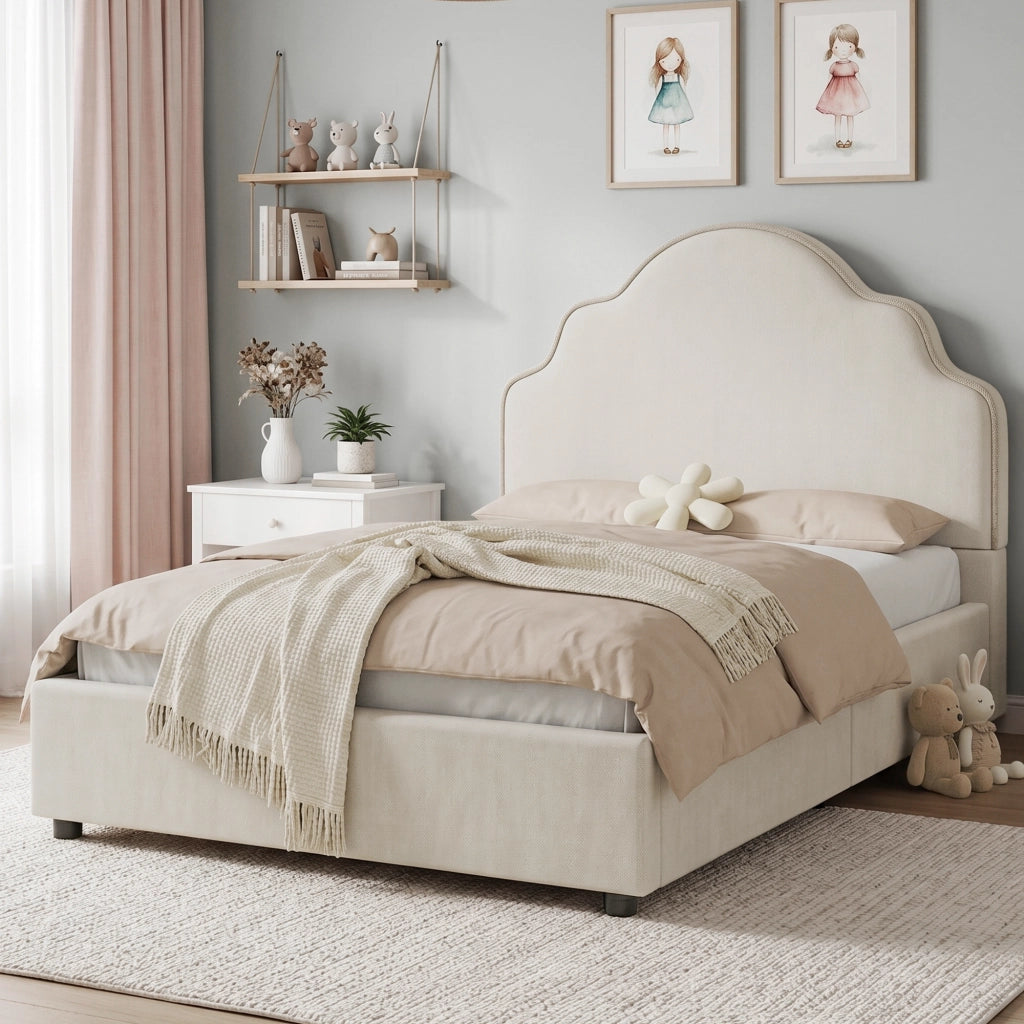LETTO imbottito per bambini 90x200 cm beige in lino con rete inclusa