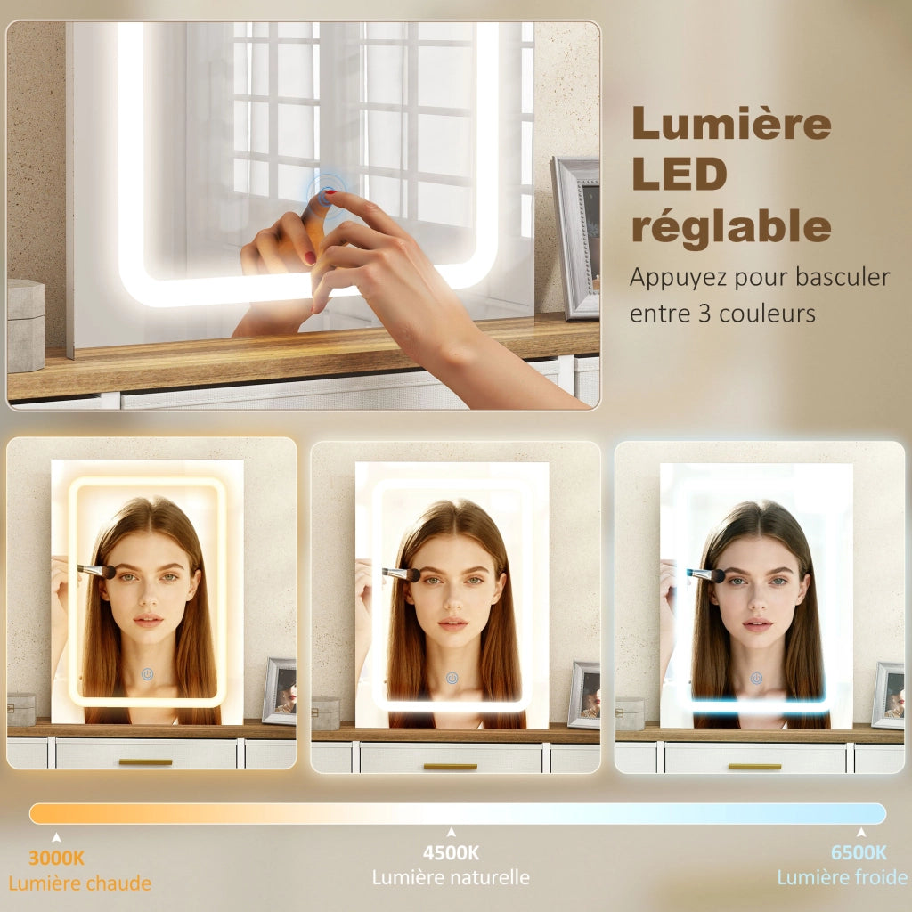 Toilette con specchio LED 3 colori ¨C Xylo ¨C 10 cassetti tessuto 118,5x39,5x140cm naturale