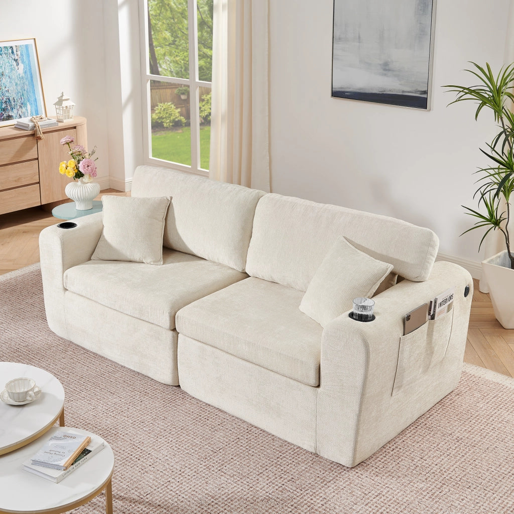 Divano relax 2 Posti con USB, tasca laterale, portabicchieri e cuscini, in Chenille, Beige