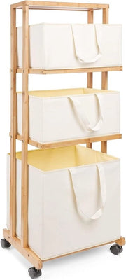 Sistema di Sorteggio per Bambù con 4 Livelli per la Bagno con 3 Cassetti per la Raccolta della Lava, Lavatrice, Contenitore per la Lava 121x34x42cm, Capacità di Carico 50kg