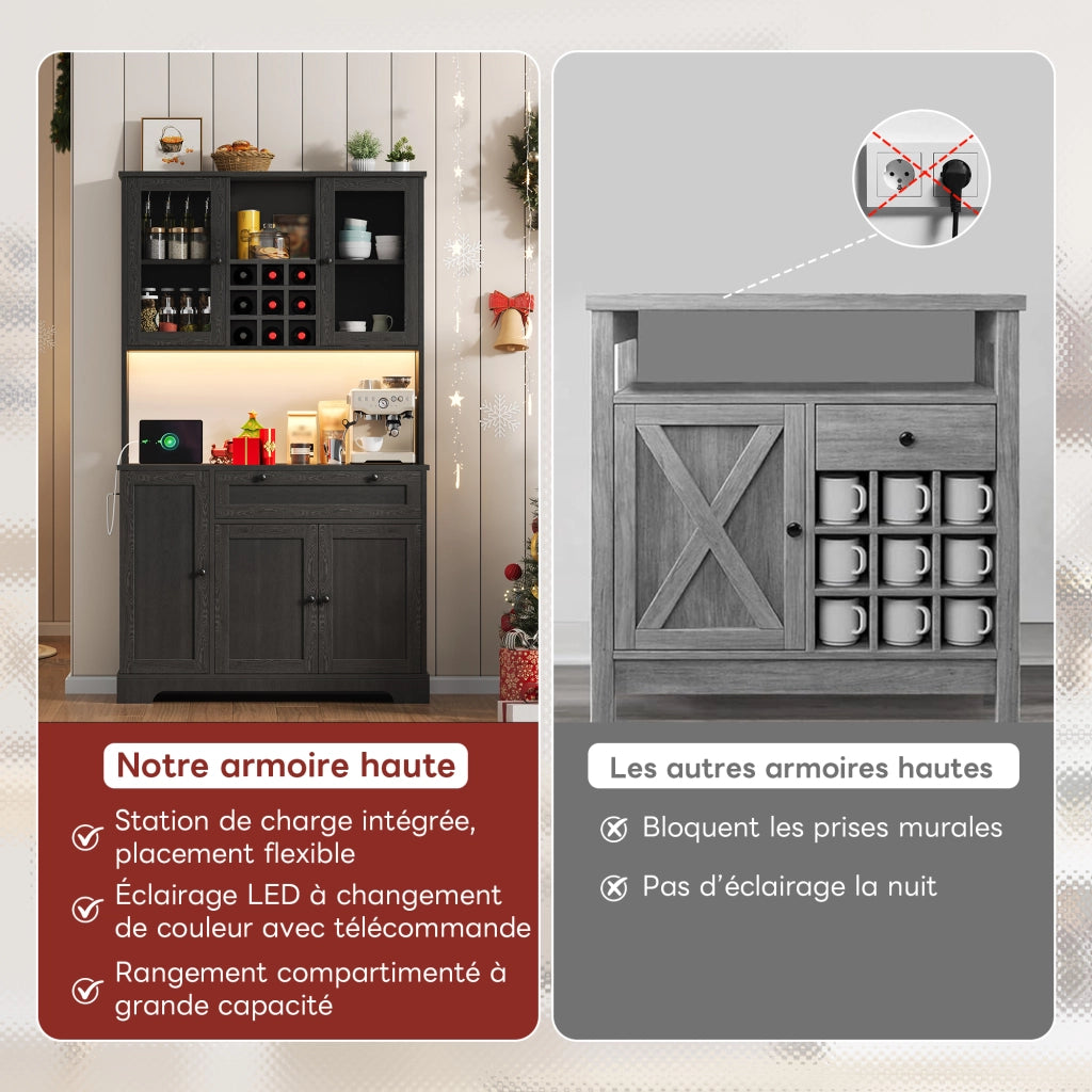 Credenza da Cucina Alta con 5 Ante e 1 Cassetto; LED e Prese; Ripiani Regolabili; in MDF; 105x40x180 cm; Nero