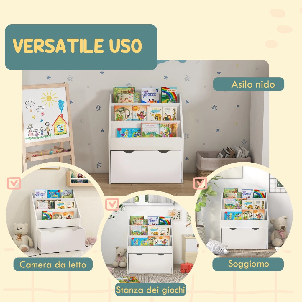 Libreria per Bambini 62.5x30x70 cm 3 Ripiani e Cassetto Inferiore Bianco
