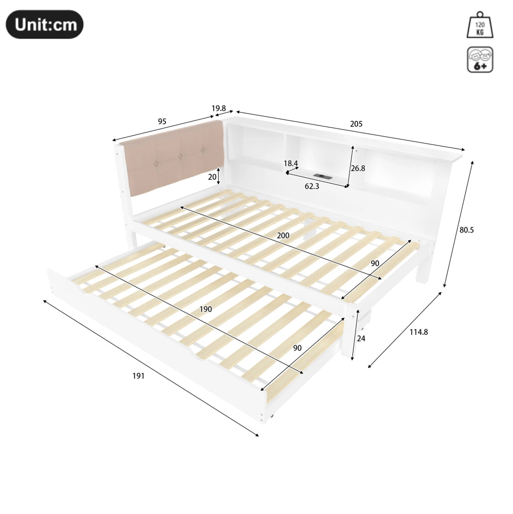 Letto daybed estraibile in pino bianco con LED, USB e ripiani laterali
