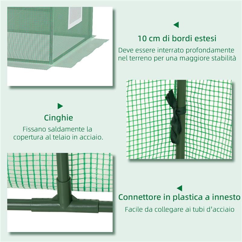 SERRA PICCOLA CON 2 FINESTRELLE LATERALI E FINESTRA CENTRALE IN ACCIAIO PE E PP 240X90X90 CM VERDE