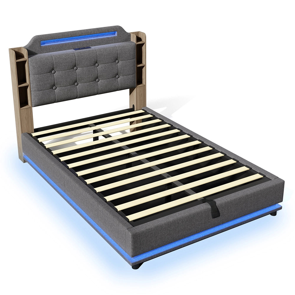 Letto-Xylo-140x200 cm-LED, USB-C, scomparti, lino grigio