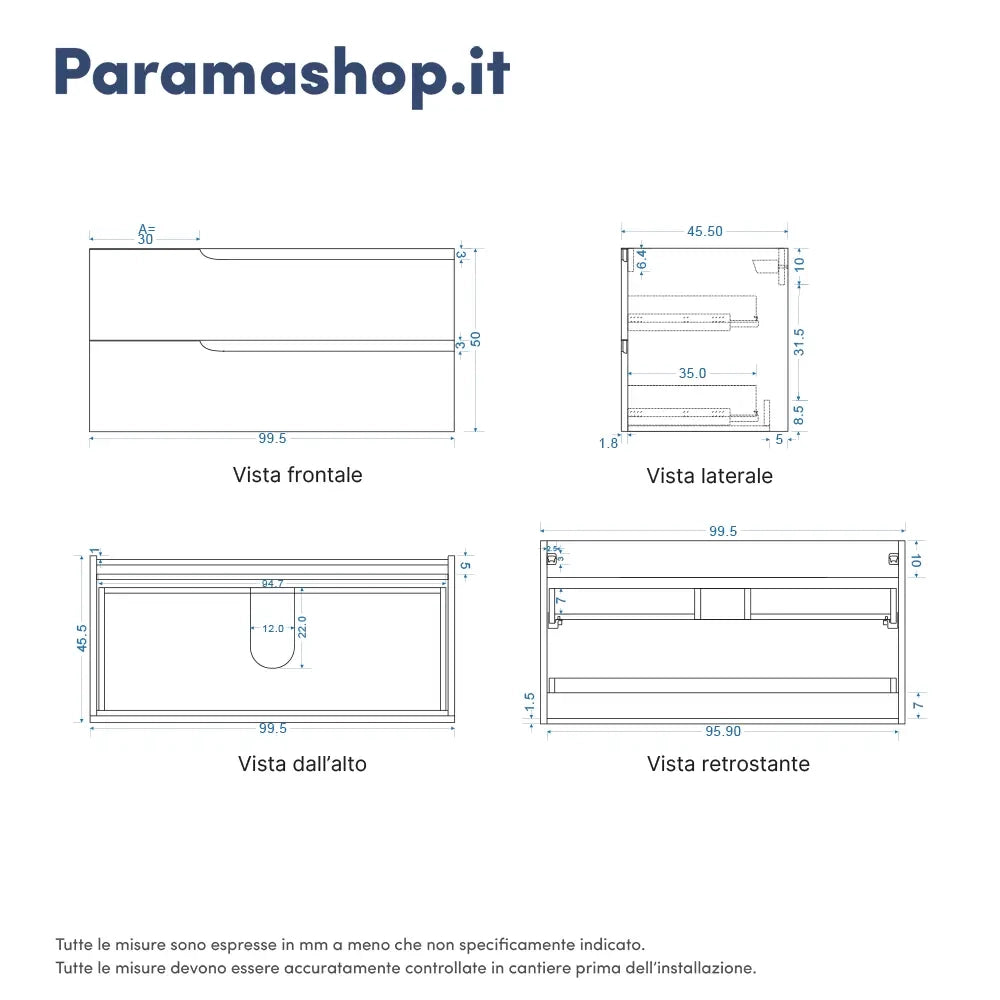 Mobile bagno sospeso 100 cm due cassetti blu zaffiro opaco con lavabo | Ardenne