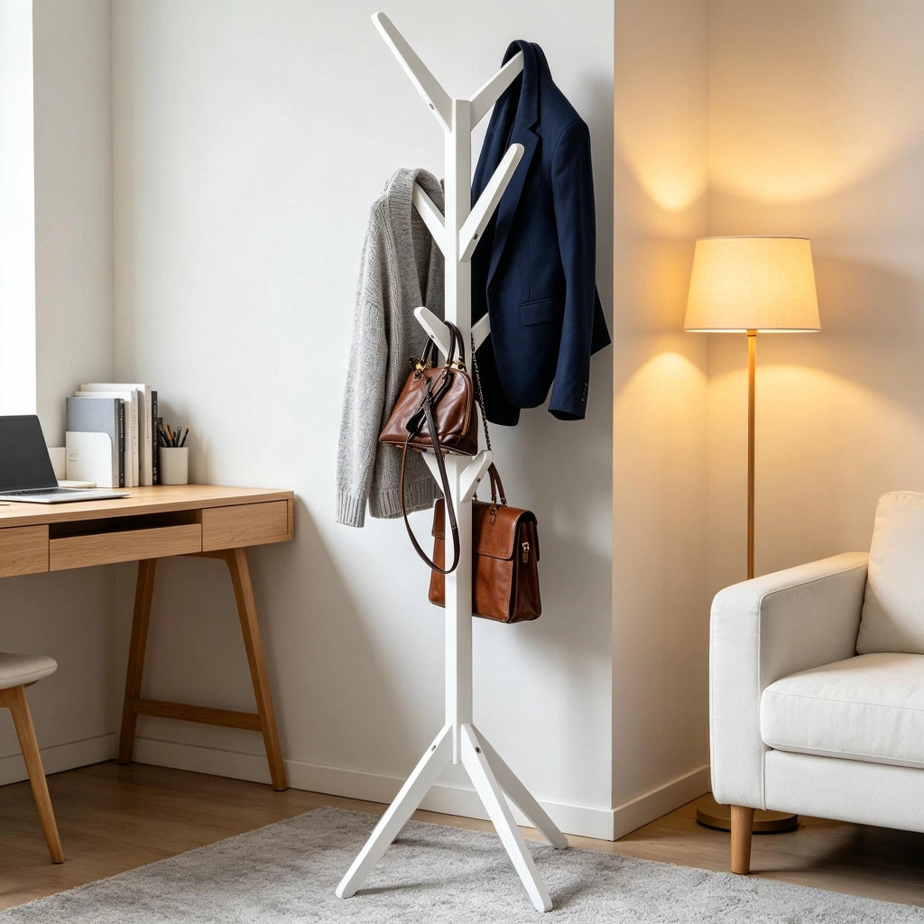 APPENDIABITI da Terra 43x43x180 cm in Legno Massello Bianco con 8 Ganci