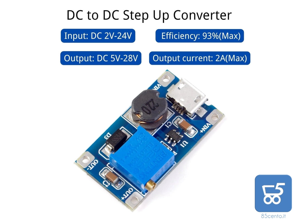 Kit da 5 DC-DC Step Up Boost Converter 2V-24V fino a 5V-26V 2A Micro USB Voltage Regulator Compatibile con Arduino