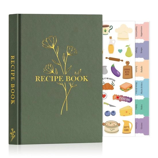 Libro di Ricette A5 - Cucina Blanco - Copertina in Pelle - Impermeabile - 70 Ricette - Etichette per l'Organizzazione - Giornale di Cucina