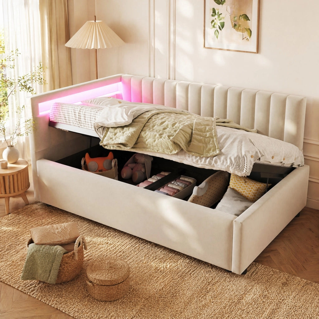 LETTO Contenitore 90x200 cm in velluto beige con LED