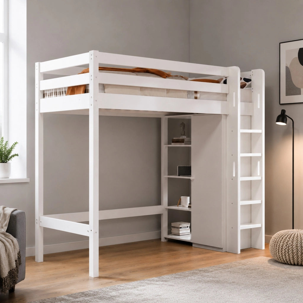 Letto a soppalco per bambini 90x200 cm con armadio e 6 ripiani, bianco