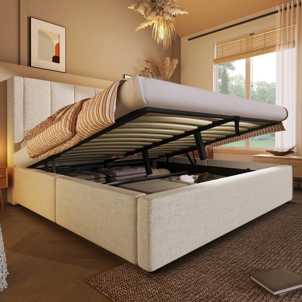 Letto Contenitore Imbottito 140x200 ¨C MINIMAL ¨C Idraulico, con Rete, Beige