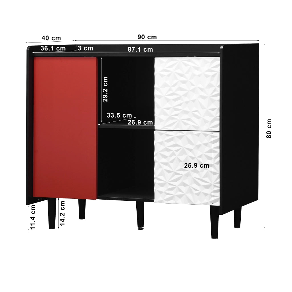 Buffet con ante rosse - Zephmum- 2 cassetti e 2 ripiani aperti