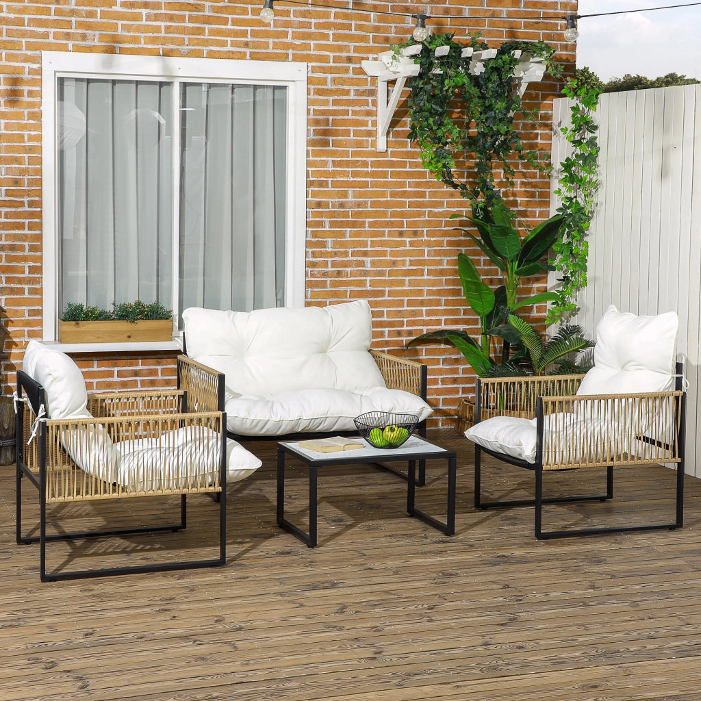 Set Giardino Esterno con 2 Poltrone, Divano 2 Posti, Tavolino e Cuscini ¨C Minimal ¨C Polyrattan, Crema