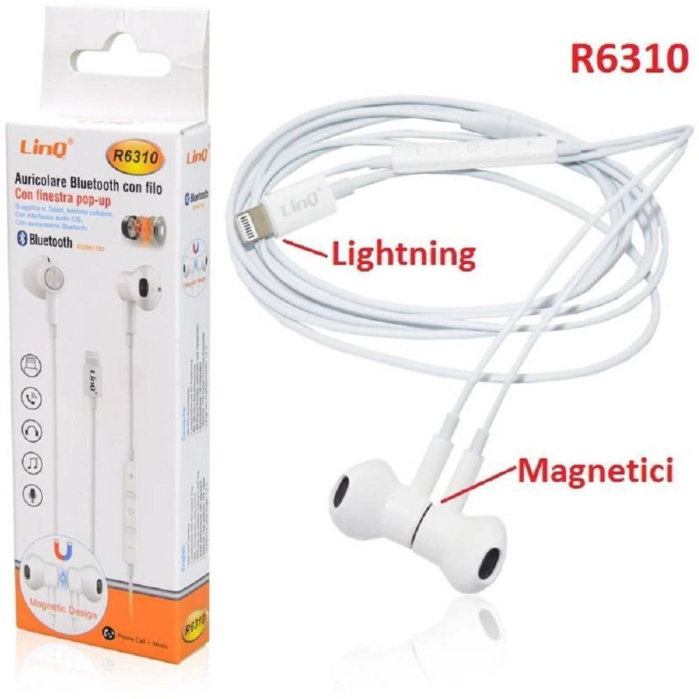 Trade Shop - Cuffie Auricolari Con Cavo Bluetooth Lightning Con Microfono Magnetici R6310 -